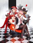  alcohol alluring_chief_warden_look alternate_costume boots champagne checkered checkered_floor cup drinking_glass dual_persona elbow_gloves fate/grand_order fate_(series) flower fur_scarf gloves hat high_heels highres holding_whip looking_at_viewer medb_(fate)_(all) medb_(fate/grand_order) midriff multiple_girls navel one_eye_closed pantyhose parted_lips peaked_cap petals pink_hair reflection riding_crop rose shimo_(s_kaminaka) sitting skirt thigh_boots thighhighs tiara whip wine_glass yellow_eyes 