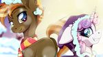  2017 beanie butt button_mash_(mlp) coat cub duo earth_pony equine eyebrows eyelashes female friendship_is_magic green_eyes hair hat hi_res horn horse male mammal multicolored_hair my_little_pony orange_hair outside pony rariedash scarf smile snow sunlight sweetie_belle_(mlp) teeth two_tone_hair unicorn wallpaper winter yellow_eyes young 