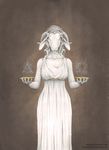  anthro belt caprine clothing cup curly_hair dress ears_down female goat greek_text hair holding_object horizontal_pupils horn humanoid_hands light_theme mammal mixed_media simple_background slit_pupils solo standing text vorndess white_dress white_hair 