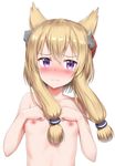  absurdres animal_ears azur_lane bangs blonde_hair blush breasts closed_mouth collarbone commentary eyebrows_visible_through_hair hair_between_eyes hands_on_own_chest head_tilt headgear highres long_hair looking_to_the_side nedia_(nedia_region) nipples nose_blush nude purple_eyes simple_background small_breasts solo sweat upper_body warspite_(azur_lane) wavy_mouth white_background 