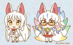  animal_ears bell bell_collar blush_stickers bow chibi collar commentary_request extra_ears eyebrows_visible_through_hair fox_ears fox_tail full_body fur_collar fur_trim glasses jacket jingle_bell kemono_friends kemono_friends_pavilion kyuubi kyuubi_(kemono_friends) long_hair miniskirt multicolored_hair multiple_girls multiple_tails official_style oinari-sama_(kemono_friends) rainbow_hair red_skirt sakuragi_rian skirt standing tabi tail thigh_strap thighhighs twitter_username very_long_hair white_hair white_jacket white_legwear white_skirt yellow_eyes zettai_ryouiki zouri 