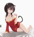  animal_ears arm_up bare_shoulders bed black_gloves black_hair breasts brown_hair cat_ears collarbone commentary dress eyepatch eyepatch_removed gloves headgear_removed highres kono_subarashii_sekai_ni_shukufuku_wo! megumin mengo panties paw_pose red_dress red_eyes romaji_commentary short_hair short_hair_with_long_locks sidelocks sitting small_breasts solo strapless strapless_dress tail underwear underwear_only white_background 