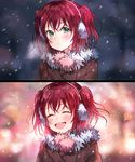  :d :o backlighting bangs blurry blush bokeh breath closed_eyes coat comic depth_of_field earmuffs eyebrows_visible_through_hair facing_viewer fur_collar fur_trim green_eyes highres hyugo kurosawa_ruby looking_at_viewer love_live! love_live!_sunshine!! motion_blur open_mouth parted_lips red_hair round_teeth silent_comic smile snowing tareme teeth two_side_up upper_body winter 