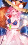  animal_ears bangs beach_umbrella bikini blue_bikini blush breasts closed_mouth collarbone commentary_request ears_through_headwear fate/grand_order fate_(series) fox_ears fox_print fox_tail hair_between_eyes hat highres holding holding_umbrella innertube knees_up large_breasts long_hair looking_at_viewer moemoe3345 navel one_eye_closed pink_hair revision sitting solo straw_hat sun_hat swimsuit tail tamamo_(fate)_(all) tamamo_no_mae_(swimsuit_lancer)_(fate) umbrella yellow_eyes 