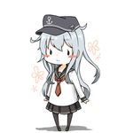  anchor_symbol black_legwear black_sailor_collar black_skirt chibi chimaki. flat_cap full_body hat hibiki_(kantai_collection) kantai_collection long_hair neckerchief pleated_skirt red_neckwear sailor_collar school_uniform serafuku silver_hair skirt solo standing thighhighs white_background 