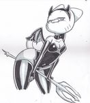  2017 anthro armwear bat_wings breasts cartoon_network cat choker cleavage clothed clothing cosplay digital_media_(artwork) elbow_gloves fangs feline female gloves half-closed_eyes horn leaning leaning_forward leather legwear leotard looking_at_viewer mammal membranous_wings monochrome navel nicole_watterson pitchfork pose seductive slit_pupils smile solo spikes standing succubus the_amazing_world_of_gumball thigh_highs traditional_media_(artwork) voon whiskers wings 