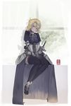  armor armored_dress black_dress black_legwear blonde_hair braid breasts chain coca-cola dress fate/apocrypha fate_(series) full_body gauntlets head_tilt high_heels highres hoshimawa jeanne_d'arc_(fate) jeanne_d'arc_(fate)_(all) long_hair medium_breasts ponytail purple_eyes single_braid sitting solo sword thighhighs very_long_hair weapon 