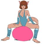  2017 5_fingers ann_gora anthro armwear barefoot breasts brown_hair cat cleavage clothed clothing digital_media_(artwork) elbow_gloves exercise_ball feline female fingerless_gloves fur gloves hair hands_on_thigh leg_warmers legwear leotard looking_at_viewer mammal necrolepsy pose short_hair side_boob simple_background smile solo spread_legs spreading swat_kats tan_fur 
