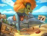  2017 areola beach black_hair bottle breasts cleavage clothed clothing female goblin green_skin hair humanoid nipples not_furry overalls seaside solo umbrella wahafagart water 