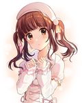  bangs beret blush brown_eyes brown_hair commentary_request earrings eyebrows_visible_through_hair hair_ornament hair_ribbon hat head_tilt highres idolmaster idolmaster_cinderella_girls idolmaster_cinderella_girls_starlight_stage jewelry long_hair long_sleeves looking_at_viewer ogata_chieri parted_lips pink_ribbon pom_pom_(clothes) puffy_short_sleeves puffy_sleeves ribbon satoimo_chika short_over_long_sleeves short_sleeves sleeves_past_wrists solo twintails white_background white_coat white_hat yellow_ribbon 