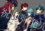  armor blue_eyes blue_hair cape eirika ephraim fire_emblem fire_emblem:_seima_no_kouseki green_hair highres joshua_(fire_emblem) l'arachel long_hair looking_at_viewer multiple_girls one_eye_closed ponytail protected_link red_hair seth_(fire_emblem) short_hair skirt smile weapon 