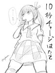  bags_under_eyes behind_back checkered checkered_skirt drink_pouch dutch_angle eyebrows_visible_through_hair from_below greyscale hand_up himekaidou_hatate looking_to_the_side monochrome necktie pointy_ears short_sleeves skirt taurine_8000mg touhou translation_request twitter_username 