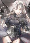  alternate_costume armored_leotard banner black_gloves black_legwear black_leotard breasts breasts_apart fate/grand_order fate_(series) floating_hair gloves groin h_shai highres holding holding_weapon jeanne_d'arc_(alter)_(fate) jeanne_d'arc_(fate)_(all) large_breasts leotard long_hair parted_lips petals rain silver_hair smile solo standing thighhighs very_long_hair weapon yellow_eyes 