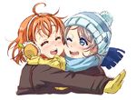  ;d ^_^ ahoge bangs beanie blue_eyes blue_hat blue_scarf cheek-to-cheek closed_eyes coat earmuffs gloves grey_hair hat highres hug love_live! love_live!_sunshine!! multiple_girls one_eye_closed open_mouth orange_hair pom_pom_(clothes) rippe scarf short_hair simple_background smile takami_chika upper_body watanabe_you white_background winter_clothes yellow_gloves yellow_scarf 