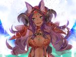  animal_ears aqua_eyes breasts cleavage commentary_request dark_skin ears_through_headwear fate/grand_order fate_(series) gem hood horns jewelry large_breasts long_hair looking_at_viewer mofumoto navel open_mouth purple_hair queen_of_sheba_(fate/grand_order) smile solo tan upper_body 