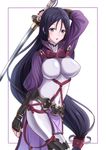  bad_id bad_pixiv_id black_gloves black_hair blue_eyes breasts breasts_apart covered_navel fate/grand_order fate_(series) fingerless_gloves furan_(pixiv20237436) gloves hair_between_eyes highres holding holding_sword holding_weapon large_breasts long_hair low-tied_long_hair minamoto_no_raikou_(fate/grand_order) open_mouth solo standing sword very_long_hair weapon white_background 