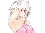  animal_ears arm_behind_head armpits bad_anatomy bare_shoulders bed_sheet closed_mouth collarbone colorized covering covering_breasts eyebrows_visible_through_hair hand_on_own_neck inubashiri_momiji mozu_genshi nude red_eyes short_hair simple_background solo touhou upper_body wavy_mouth white_background white_hair wolf_ears 