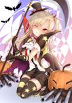  absurdres alternate_costume asymmetrical_legwear azur_lane black_gloves black_legwear blonde_hair bow cape cleveland_(azur_lane) commentary_request cravat devil_fever_(azur_lane) fang gloves halloween halloween_costume haru_(hottikisu25) highres jack-o'-lantern long_hair looking_at_viewer multicolored multicolored_clothes multicolored_legwear one_eye_closed one_side_up open_mouth pointy_ears scythe short_shorts shorts smile solo 