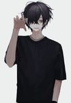  bad_id bad_pixiv_id black_hair earrings grey_background grey_eyes grey_shirt gwen_(g90z) hair_over_one_eye hand_up jewelry looking_away looking_to_the_side male_focus mouth_hold necklace original ring shirt short_sleeves simple_background solo t-shirt upper_body 