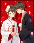  1girl azumi_kotarou brown_hair clothing_request flower hair_bun hair_flower hair_ornament hetero highres holding_hand looking_at_another mizuno_akane petals profile red_background smile standing tsuki_ga_kirei zyl 