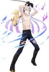  animal_ears black_gloves earrings fake_animal_ears fox fox_ears full_body gloves hitodama injury jewelry katana kiwame_(touken_ranbu) kumita_(sumica) magatama magatama_earrings male_focus multiple_tails nakigitsune nakigitsune's_fox official_art pants shirtless sword tail torn_clothes torn_pants touken_ranbu transparent_background weapon white_hair yellow_eyes 