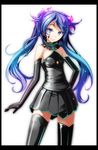  absurdres argyle_cutout black_gloves black_legwear black_skirt blue_eyes blue_hair choker cowboy_shot elbow_gloves eyebrows_visible_through_hair floating_hair ghost_rule_(vocaloid) gloves green_ribbon hand_on_hip hatsune_miku highres long_hair looking_at_viewer miniskirt pleated_skirt project_diva_(series) ribbon simple_background skirt smile solo standing strapless thighhighs tsukishiro_saika twintails very_long_hair vocaloid white_background zettai_ryouiki 