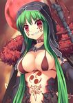  :d arm_at_side armor bangs bikini bikini_top black_cape breasts buckle cape cleavage collar collarbone cu_chulainn_alter_(fate/grand_order) facial_tattoo fate/grand_order fate_(series) fur_trim genderswap genderswap_(mtf) green_hair hood hood_up lancer long_hair looking_at_viewer medium_breasts moon navel open_mouth red_bikini red_eyes red_moon revealing_clothes sidelocks skindentation smile solo srwsrx_(gp03dsrx) stomach stomach_tattoo swimsuit tattoo teeth upper_body v-shaped_eyebrows very_long_hair weapon 