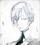  androgynous antarcticite black_border border closed_mouth collared_shirt eyebrows_visible_through_hair gem_uniform_(houseki_no_kuni) greyscale hair_between_eyes houseki_no_kuni kei-suwabe looking_at_viewer monochrome necktie shirt short_hair solo twitter_username wing_collar 