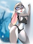  2016 anthro blush breasts buckteeth butt camel_toe clothed clothing disney female hi_res jogging judy_hopps lagomorph looking_at_viewer mammal open_mouth pink_nose purple_eyes rabbit shirt shorts side_boob simple_background snow solo sweat tank_top teeth tsampikos zootopia 