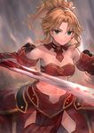  absurdres blonde_hair bra breasts choker cleavage collarbone detached_sleeves eyebrows_visible_through_hair fate/apocrypha fate_(series) green_eyes groin hair_ornament hair_scrunchie high_ponytail highres holding holding_sword holding_weapon long_hair looking_at_viewer medium_breasts midriff mordred_(fate) mordred_(fate)_(all) navel neonbeat red_bra red_scrunchie red_skirt scrunchie signature skirt solo standing stomach sword underboob underwear weapon 