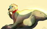  anus balls black_lips collar feral haswell iridescent_fur lying male mammal mustelid nude otterlike pawpads rainbow river_otter simple_background star 