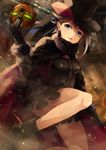  ange_(princess_principal) black_cape black_footwear black_gloves black_hat black_skirt blue_eyes breasts brown_hair cape from_below gloves hat highres layered_skirt miniskirt open_mouth princess_principal short_hair skirt small_breasts solo tsuyuki_(oudan_chitsujo_xxx) 