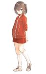  blue_eyes blush brown_footwear brown_hair closed_mouth full_body hair_between_eyes jacket kneehighs long_sleeves looking_at_viewer one_side_up original red_jacket red_shorts shoes short_hair short_shorts shorts simple_background smile solo standing suzunari_shizuku white_background white_legwear yuki_arare 