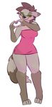  &lt;3 2017 anthro barefoot biped black_nose breasts brown_body brown_fur brown_hair ciderward cleavage clothed clothing digital_media_(artwork) digitigrade dress female front_view fully_clothed fur grey_body grey_fur hair half-closed_eyes hand_heart hi_res jesse_(ciderward) looking_at_viewer mammal mask_(marking) multicolored_body multicolored_fur multicolored_tail orange_eyes pink_topwear procyonid raccoon raised_eyebrow short_dress simple_background smile solo standing two_tone_tail white_background yellow_sclera 