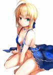  absurdres ahoge amamitsu_kousuke artoria_pendragon_(all) bad_id bad_twitter_id bangs bare_arms bare_shoulders blonde_hair blue_dress blue_ribbon bottomless braid breasts choker closed_mouth dress fate_(series) hair_ribbon highres looking_at_viewer navel ribbon ribbon_choker saber simple_background sitting small_breasts smile solo strap_gap white_background 