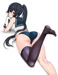  ass bad_id bad_pixiv_id bangs bare_shoulders barefoot bikini bikini_pull black_hair black_legwear blue_bikini_bottom blush breasts elbow_gloves elbow_rest eyebrows_visible_through_hair feet from_behind gloves hair_between_eyes hair_tie highres interlocked_fingers kantai_collection leg_up long_hair looking_at_viewer lying medium_breasts no_pants no_shoes on_stomach own_hands_together ponytail red_eyes sailor_collar shadow shiny shiny_skin shirt side-tie_bikini sidelocks simple_background single_thighhigh sleeveless sleeveless_shirt smile soles solo swimsuit thighhighs trefoil very_long_hair white_background white_gloves white_shirt yahagi_(kantai_collection) z5987 