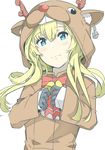  abukuma_(kantai_collection) anchor animal_costume bangs bell black_gloves blonde_hair blue_eyes blush bow bowtie closed_mouth eyebrows_visible_through_hair gloves hair_between_eyes kantai_collection long_hair long_sleeves looking_at_viewer ninimo_nimo red_bow red_neckwear reindeer_costume simple_background sleeves_past_wrists solo tareme upper_body white_background 