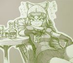  alcohol animal_ears bow bowtie chair commentary common_raccoon_(kemono_friends) cup cushion drinking_glass fang fur_collar gloves kemono_friends kouson_q monochrome raccoon_ears skirt smirk table translation_request whiskey 