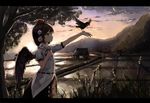  bird black_hair black_skirt black_wings blouse cloud crow dusk expressionless feathered_wings from_side hand_up hat highres house looking_up nature outdoors outstretched_arm pointy_ears pom_pom_(clothes) rice_paddy shameimaru_aya skirt solo tokin_hat torii touhou tree white_blouse wings yukitourou 