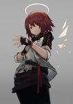  angel arknights brown_hair commentary expressionless exusiai_(arknights) fingerless_gloves gloves grey_background hair_over_one_eye halo huanxiang_heitu jacket looking_at_viewer red_eyes red_hair short_hair 