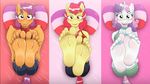  2017 anthro anthrofied apple_bloom_(mlp) blush caroo clothed clothing ear_piercing earth_pony equine feet female foot_focus freckles friendship_is_magic hair hi_res horn horse humanoid_feet looking_at_viewer mammal multicolored_hair my_little_pony pegasus piercing pony ring scootaloo_(mlp) soles sweetie_belle_(mlp) toe_ring torn_clothing two_tone_hair unicorn wings 