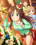  aiba_yumi blonde_hair book box brown_eyes brown_hair christmas_tree closed_eyes flipped_hair gift gift_box green_eyes hair_ornament hairclip himekawa_yuki idolmaster idolmaster_cinderella_girls jewelry jpeg_artifacts long_hair multiple_girls necklace nishijima_kai official_art short_hair 