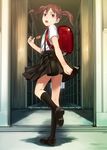  :o backpack bag black_legwear blush brown_hair commentary_request crime_prevention_buzzer kneehighs leg_up loafers looking_at_viewer looking_back open_mouth original purple_eyes randoseru school_uniform shoes short_twintails skirt sody solo standing standing_on_one_leg twintails 