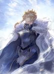  armor armored_dress artoria_pendragon_(all) artoria_pendragon_(lancer) backlighting bangs blonde_hair blue_dress blue_sky braid breastplate closed_mouth cloud commentary cross crown day dress expressionless eyebrows_visible_through_hair fate/grand_order fate_(series) floating_hair french_braid fur-trimmed_cloak fur_trim green_eyes hair_between_eyes highres kachi light_particles long_sleeves looking_away sidelocks sky solo standing vambraces white_cloak wind 