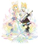  1girl belt blonde_hair blue_eyes bow detached_sleeves feet full_body hair_bow hair_ornament hairclip headphones headset highres instrument kagamine_len kagamine_rin kei_(keigarou) keytar leg_warmers looking_at_viewer microphone_stand navel necktie official_art outstretched_hand rainbow_gradient ribbon sailor_collar see-through shorts simple_background star toes vocaloid yellow_neckwear 