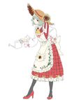  apron ascot black_legwear downscaled green_hair hat highres houraisan_chouko kazami_yuuka md5_mismatch plaid plaid_skirt puffy_sleeves pumps red_footwear resized simple_background skirt skirt_set solo straw_hat touhou watering_can 