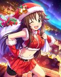  aurora belt bike_shorts box brown_hair gift gift_box green_eyes hair_ornament hairclip hat himekawa_yuki houses idolmaster idolmaster_cinderella_girls long_hair midriff official_art red_skirt sack santa_costume santa_hat skirt smile torn_sack tree 