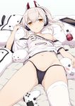  :o ayanami_(azur_lane) azur_lane bangs bare_shoulders bed_sheet black_panties blonde_hair blush blush_stickers bottle breast_slip breasts clothes_writing commentary_request controller cowboy_shot dakimakura_(object) dualshock eyebrows_visible_through_hair game_controller gamepad gochou_(atemonai_heya) groin hair_between_eyes hair_ornament half-closed_eyes hand_up headgear headphones highres long_hair looking_at_viewer lying navel niconico nipples off-shoulder_shirt on_back one_breast_out orange_eyes panties parted_lips pillow platinum_blonde_hair playstation_controller ponytail revision see-through shiny shiny_hair shirt short_sleeves side_ponytail silver_hair simple_background single_thighhigh small_breasts solo stomach stuffed_toy tablet terebi-chan thighhighs thighs underwear white_background white_legwear white_shirt 