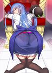  absurdres ass bent_over black_hat black_legwear blue_hair blue_skirt blush closed_mouth food foreshortening frilled_skirt frills from_behind fruit hat hat_removed headwear_removed highres hinanawi_tenshi kneeling knees_together_feet_apart leaf long_hair looking_at_viewer looking_back neropaso panties pantylines peach rainbow_order red_eyes see-through shirt skirt solo striped striped_panties thighhighs touhou underwear white_shirt 