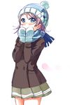  beanie blue_eyes blush brown_hair coat covered_mouth cowboy_shot double-breasted hands_on_own_face hat highres long_sleeves looking_at_viewer love_live! love_live!_sunshine!! mittens pleated_skirt pom_pom_(clothes) rippe scarf school_uniform serafuku short_hair simple_background skirt solo uranohoshi_school_uniform watanabe_you white_background winter_clothes winter_coat 